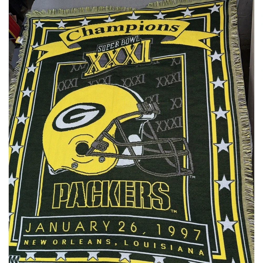 Vintage Green Bay Packers 1997 Super Bowl Champions Throw Blanket Green VTG 90s